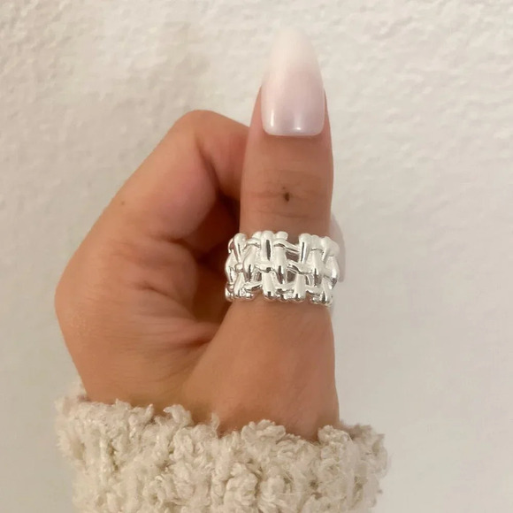 925 Sterling Silver Chunky Bold Statement Ring Thick Wide Ring Woven Ring Band - Picture 5 of 9